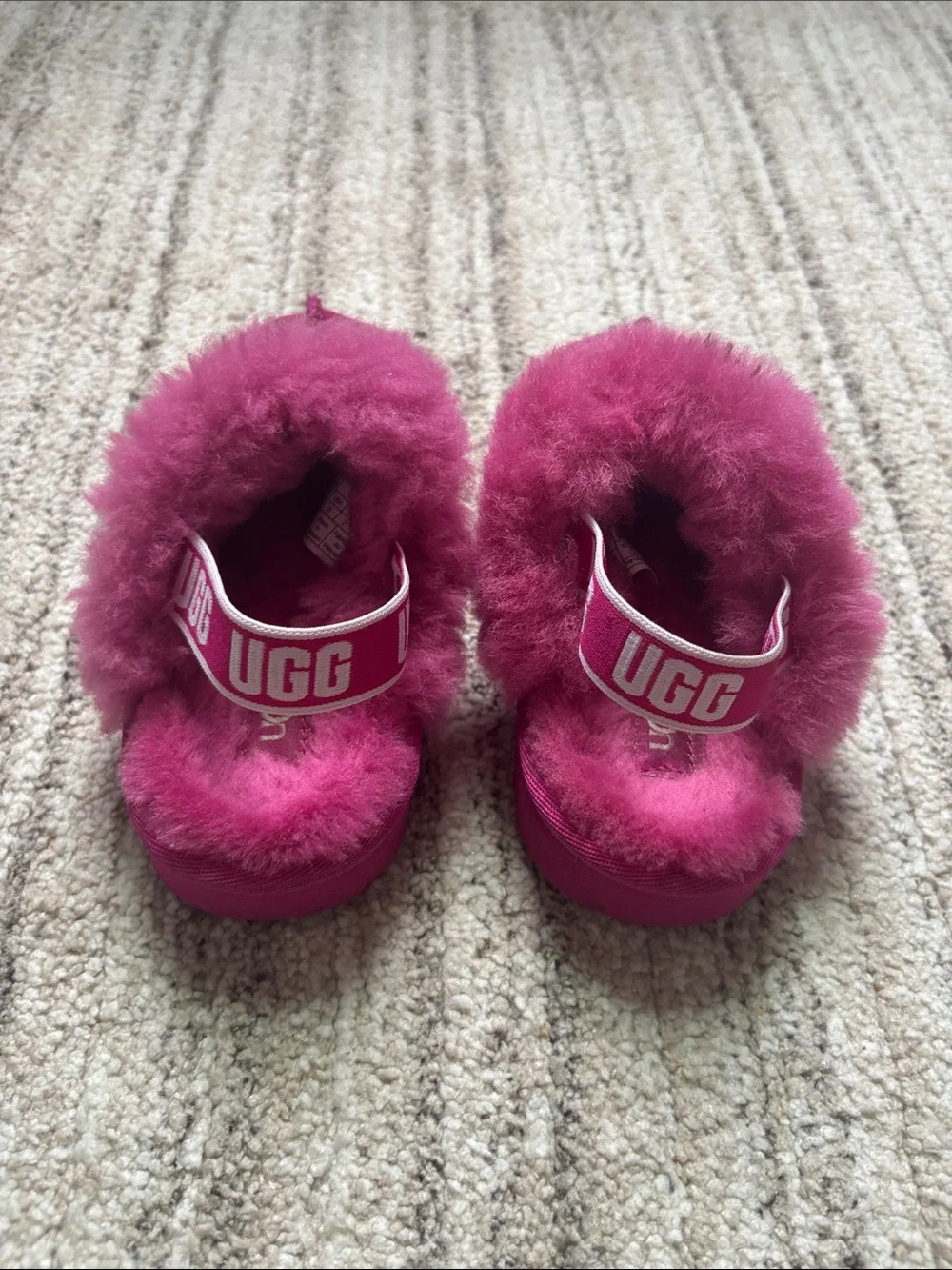 UGG Kids Bright Pink Shearling Slide with Logo Strap